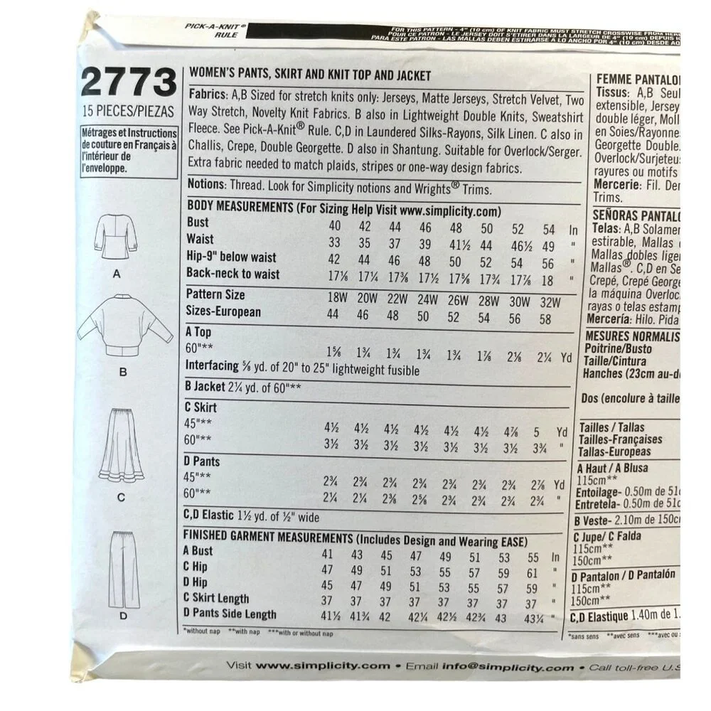 Simplicity Sewing Pattern 2773 KHALIAH ALI Pants Skirt Top Jacket Womens 26W-32W
